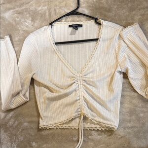 Forever 21 Cream ruched V-neck lace-trimmed crop top